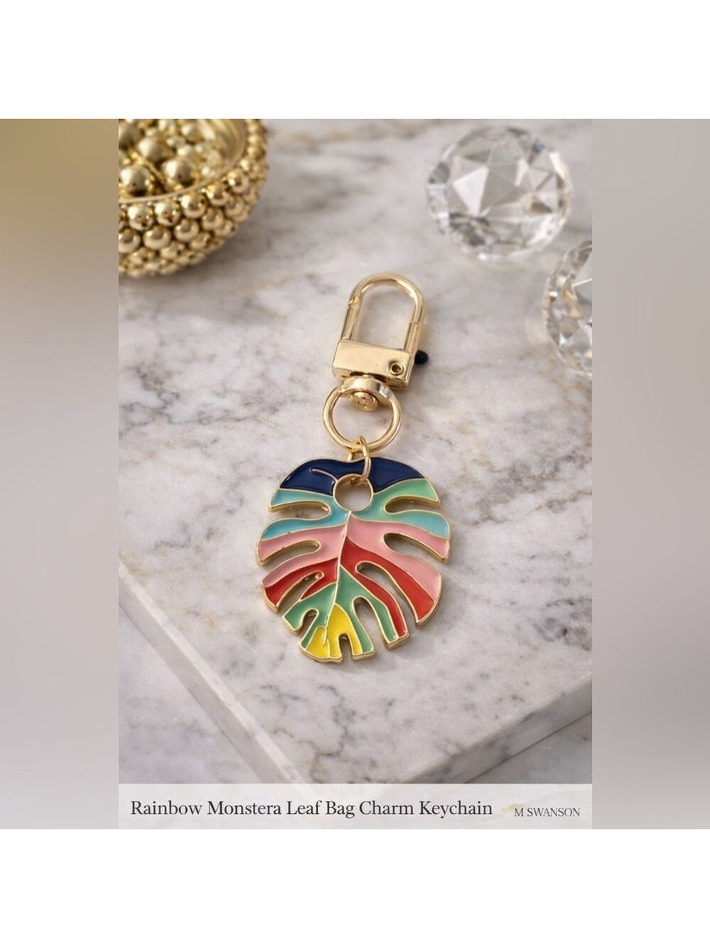 NEW Rainbow Monstera Leaf Bag Charm Keychain – Gold Hardware